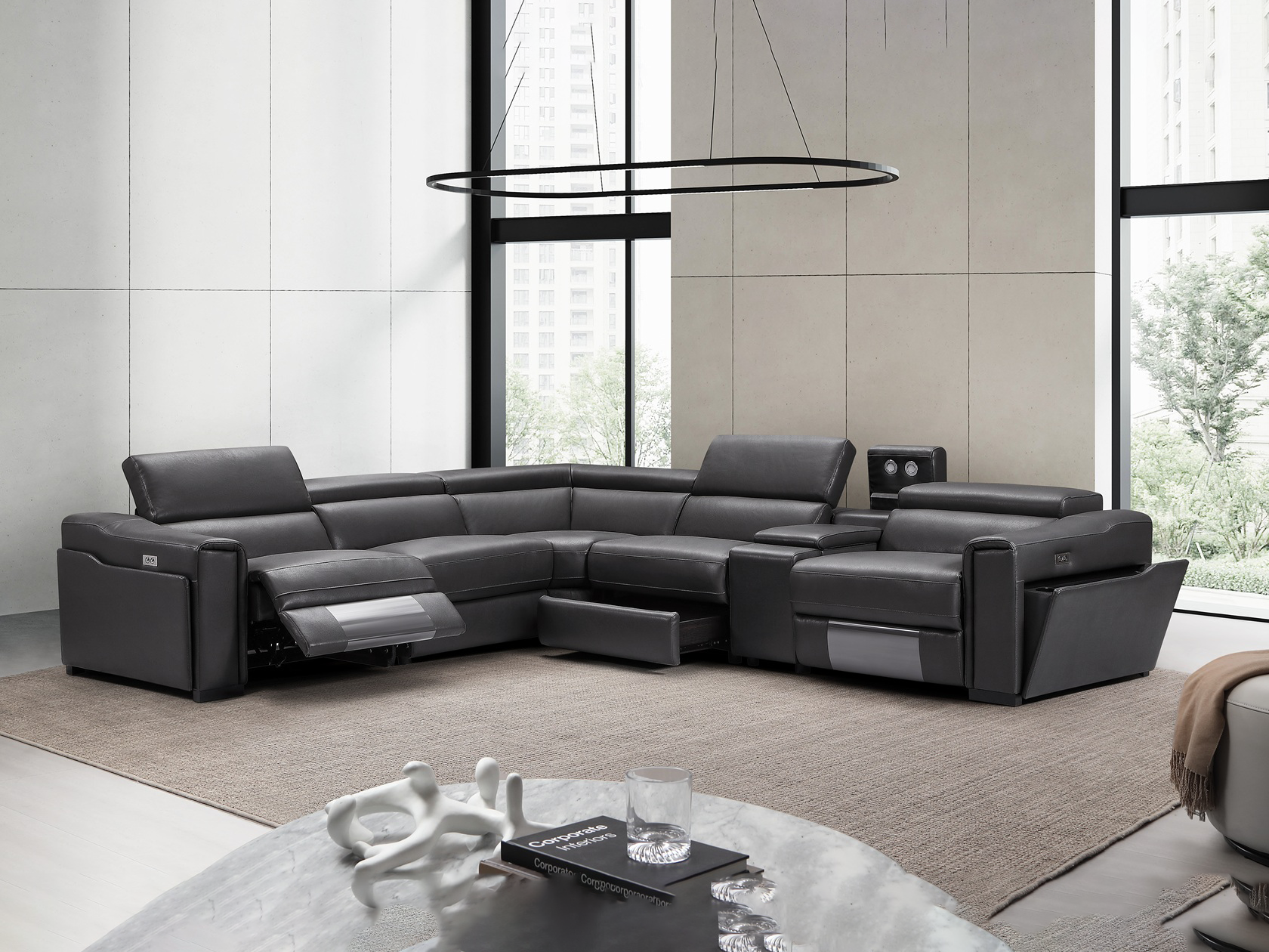 Portland Leather Corner Lounge with Electric Recliner