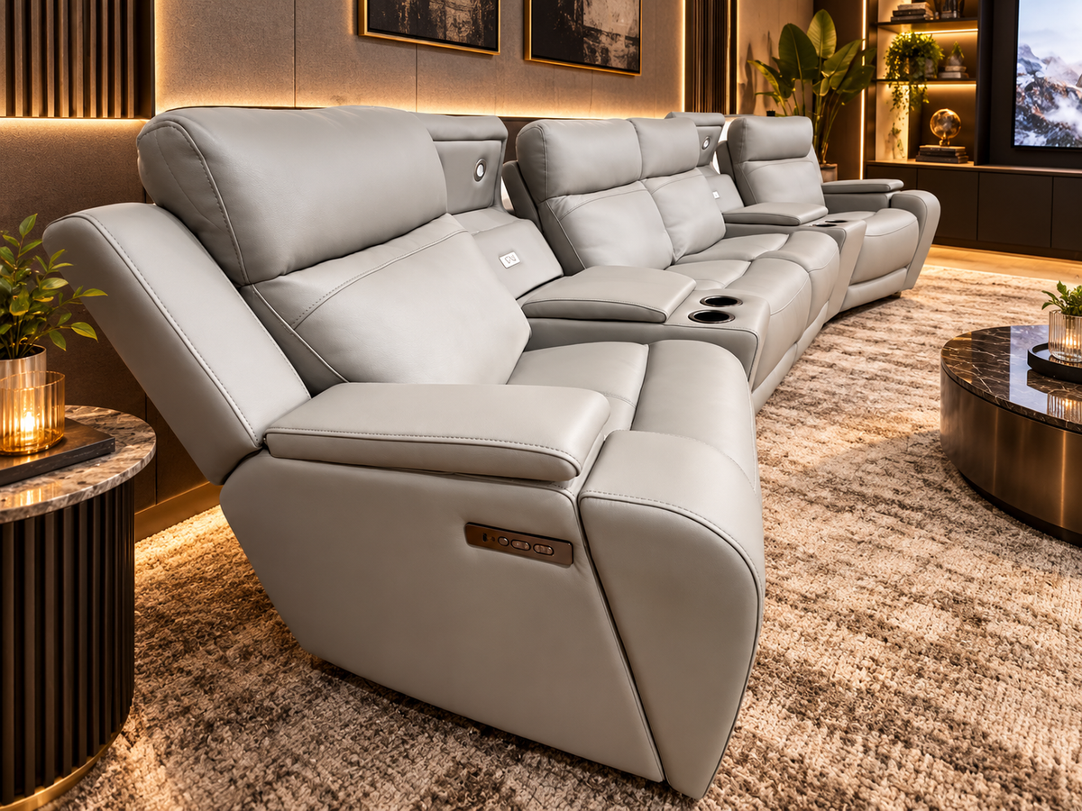 WELLINGTON 4-Seater Leather Dual Electric Home Theatre Lounge