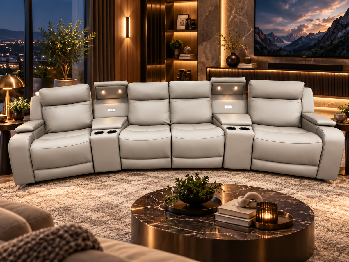 WELLINGTON 4-Seater Leather Dual Electric Home Theatre Lounge